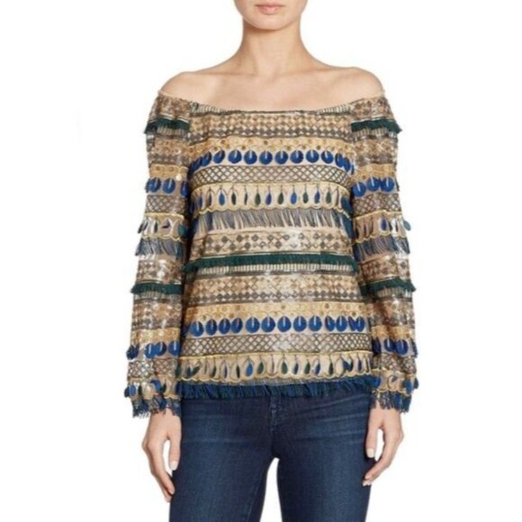 Alice + Olivia Top M Medium Off Shoulder Blue Gold Fringe Sequins - Picture 1 of 11